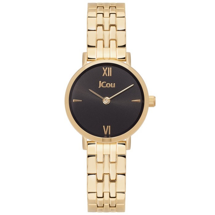 JCou watch with black dial and gold metal bracelet
