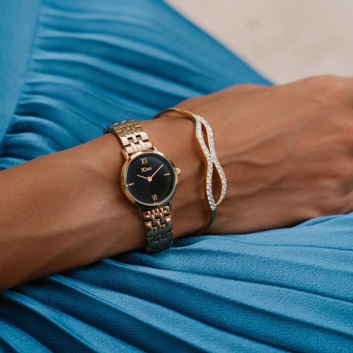 JCou watch with black dial and gold metal bracelet