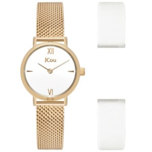 JCou watch with white dial, gold mesh bracelet and extra strap set