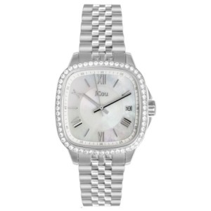JCou watch with mother-of-pearl dial, crystal bezel and silver metal bracelet