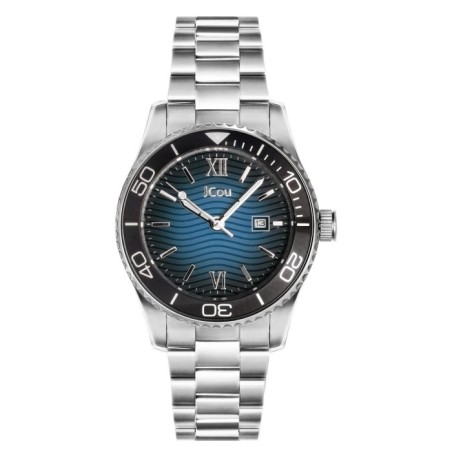JCou diver-style watch with blue textured dial and stainless steel bracelet