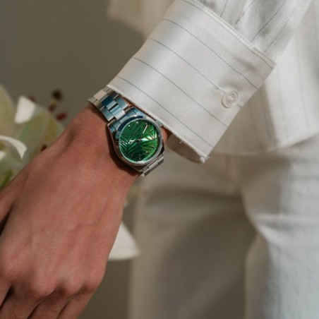 JCou watch with green tropical dial and stainless steel bracelet