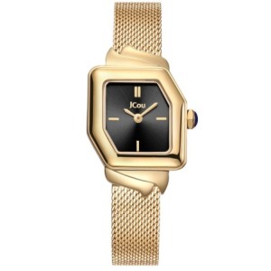 JCou watch with black dial and gold mesh bracelet