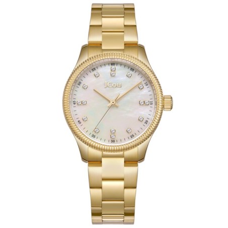 JCou watch with mother-of-pearl dial, crystal hour markers and gold metal bracelet