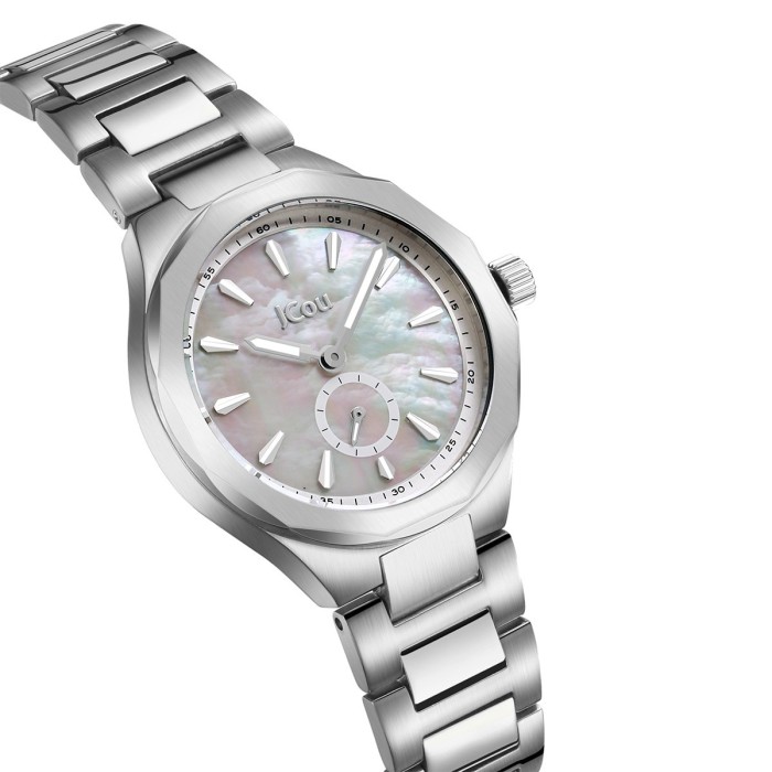 JCou watch with mother-of-pearl dial and silver metal bracelet