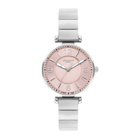 Women’s stainless steel watch with soft pink dial and silver-tone bracelet.