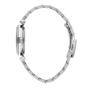 Women’s stainless steel watch with soft pink dial and silver-tone bracelet.