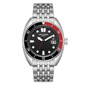 Men’s stainless steel diver-style watch with black dial, red accents and silver bracelet.