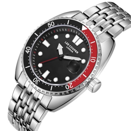 Men’s stainless steel diver-style watch with black dial, red accents and silver bracelet.