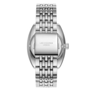 Men’s stainless steel diver-style watch with black dial, red accents and silver bracelet.