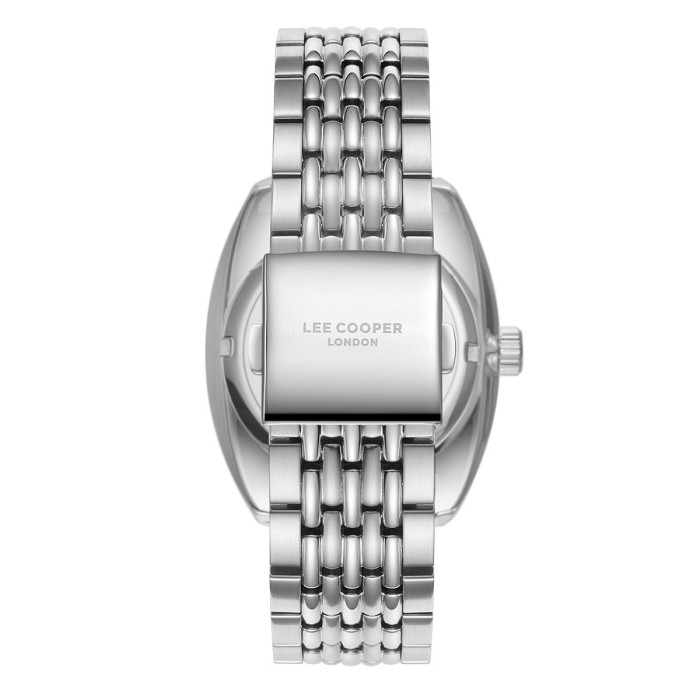 Men’s stainless steel diver-style watch with black dial, red accents and silver bracelet.