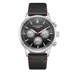 Ανδρικό χρονογράφος με μαύρο καντράν, κάσα από ανοξείδωτο ατσάλι και μαύρο δερμάτινο λουράκι με κόκκινες ραφές.