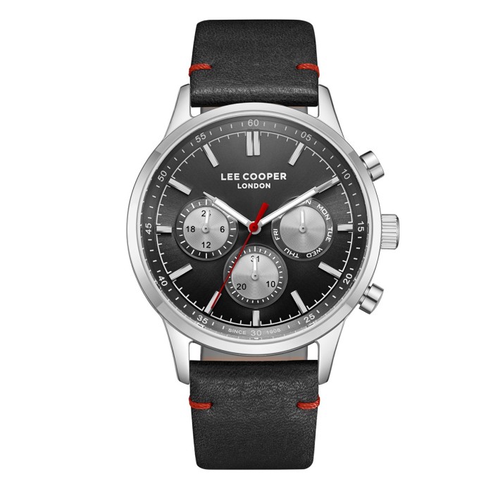Men’s chronograph watch with black dial, stainless steel case and black leather strap with red stitching.