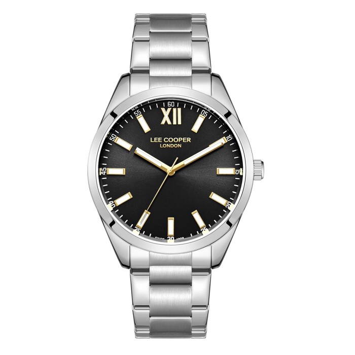 Men’s stainless steel watch with black dial and silver bracelet