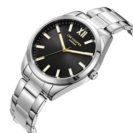 Men’s stainless steel watch with black dial and silver bracelet