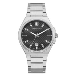Men’s stainless steel watch with black textured dial and steel bracelet