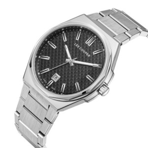 Men’s stainless steel watch with black textured dial and steel bracelet