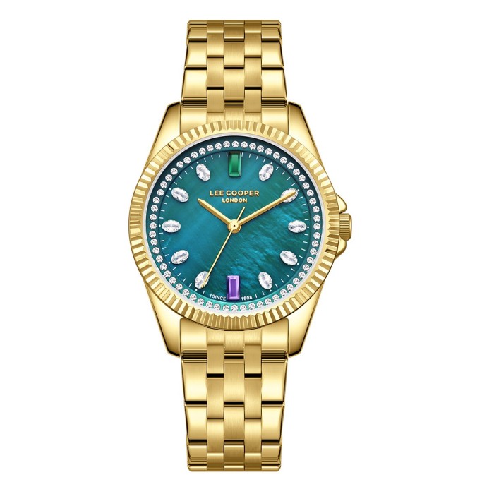 Women’s stainless steel watch with green mother-of-pearl dial, crystal details and gold bracelet