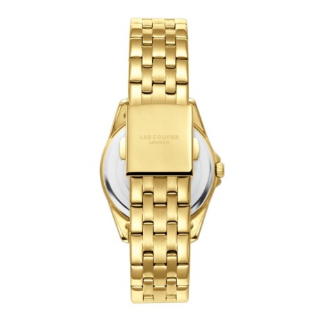 Women’s stainless steel watch with green mother-of-pearl dial, crystal details and gold bracelet