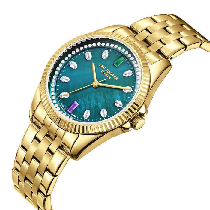 Women’s stainless steel watch with green mother-of-pearl dial, crystal details and gold bracelet