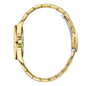 Women’s stainless steel watch with green mother-of-pearl dial, crystal details and gold bracelet