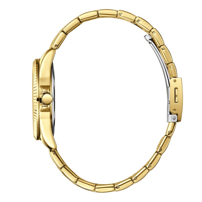 Women’s stainless steel watch with green mother-of-pearl dial, crystal details and gold bracelet