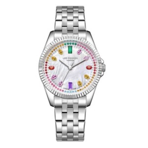 Women’s stainless steel watch with mother-of-pearl dial and multicolour crystal details