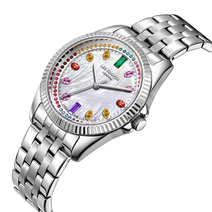 Women’s stainless steel watch with mother-of-pearl dial and multicolour crystal details