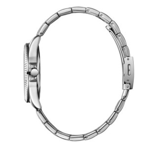 Women’s stainless steel watch with mother-of-pearl dial and multicolour crystal details