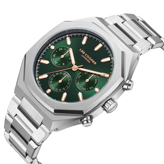 Lee Cooper multifunction watch with green dial and metal bracelet