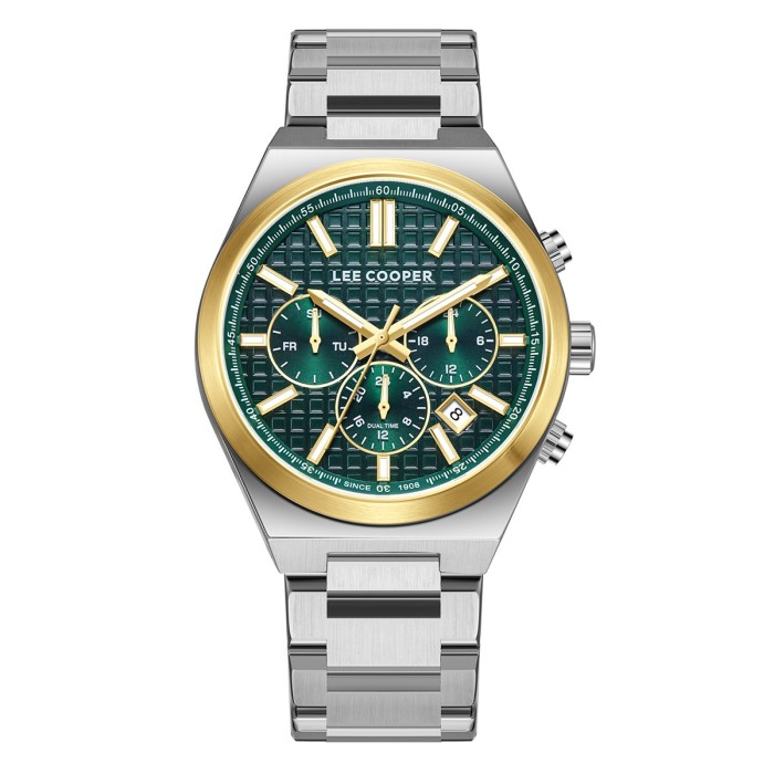 Lee Cooper multifunction watch with green textured dial and two-tone metal bracelet