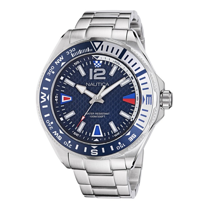 Nautica watch with blue dial, compass bezel and silver bracelet