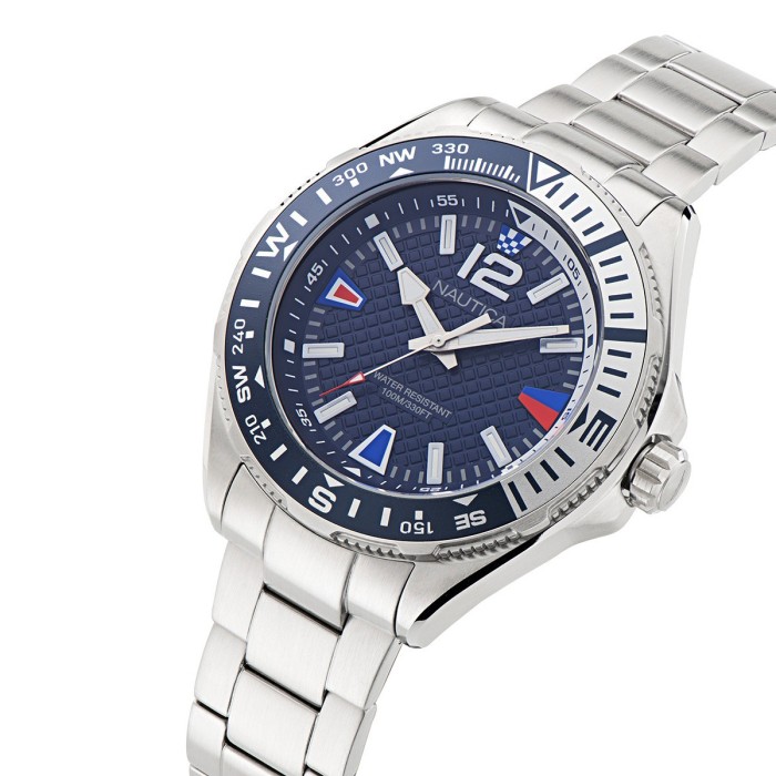 Nautica watch with blue dial, compass bezel and silver bracelet