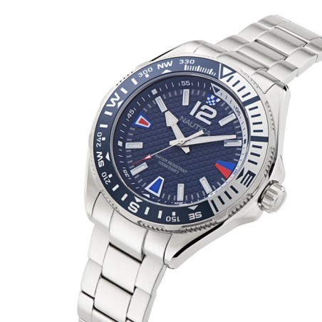 Nautica watch with blue dial, compass bezel and silver bracelet