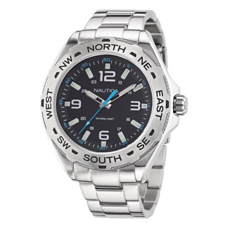 Nautica watch with black dial, compass bezel and silver bracelet