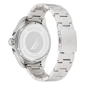 Nautica watch with black dial, compass bezel and silver bracelet