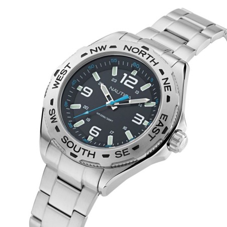 Nautica watch with black dial, compass bezel and silver bracelet