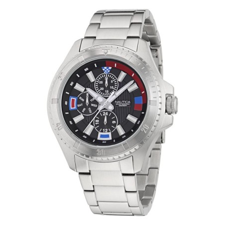 Ρολόι Nautica με ασημί μπρασελέ από ανοξείδωτο ατσάλι και μαύρο πολυλειτουργικό καντράν