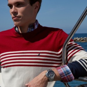 Nautica chronograph watch with silver stainless steel bracelet and black dial