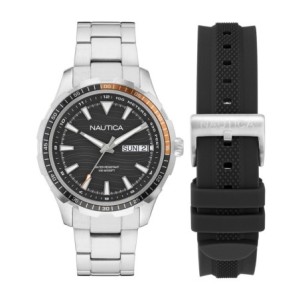Nautica men’s watch with silver stainless steel bracelet, black dial and extra black silicone strap