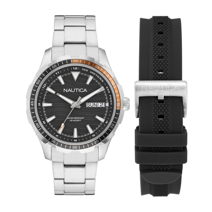 Nautica men’s watch with silver stainless steel bracelet, black dial and extra black silicone strap