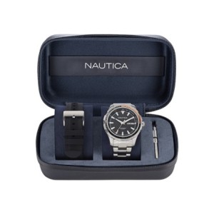 Nautica men’s watch with silver stainless steel bracelet, black dial and extra black silicone strap