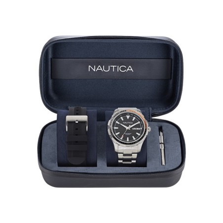Nautica men’s watch with silver stainless steel bracelet, black dial and extra black silicone strap