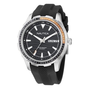 Nautica men’s watch with silver stainless steel bracelet, black dial and extra black silicone strap