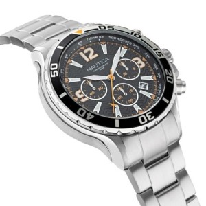 Nautica chronograph watch with silver stainless steel bracelet and black dial