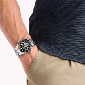 Nautica chronograph watch with silver stainless steel bracelet and black dial