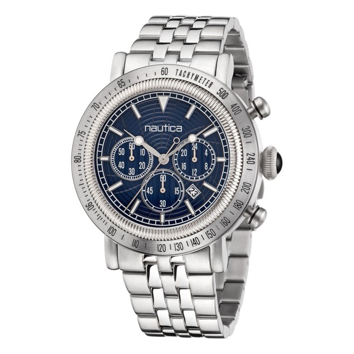 Nautica men’s silver stainless steel chronograph watch with blue dial
