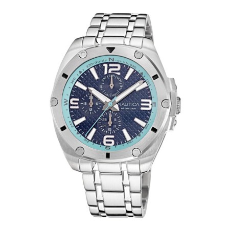 Nautica men’s silver stainless steel multifunction watch with blue dial