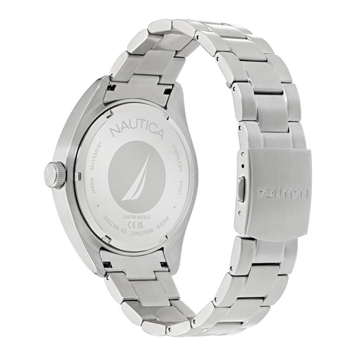 Nautica watch with silver stainless steel bracelet and black dial