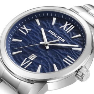 Police watch with silver bracelet and blue textured dial with Roman numerals.